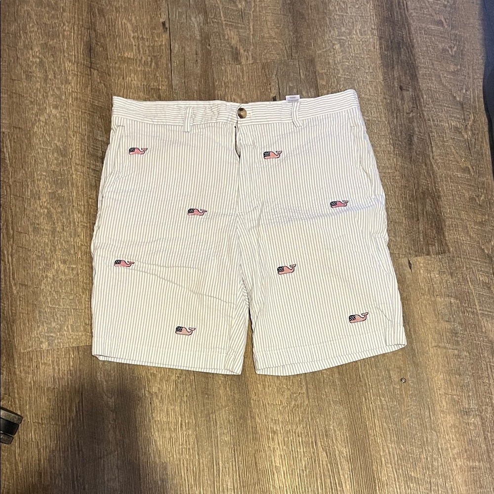 Vineyard Vines White Striped Shorts with Flag Embroidery